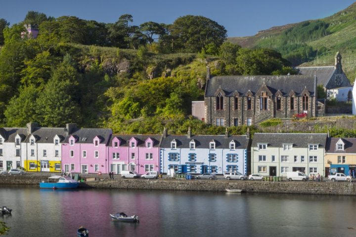 Row of houses by water, Portree, Isle of Skye, Scotland, UK