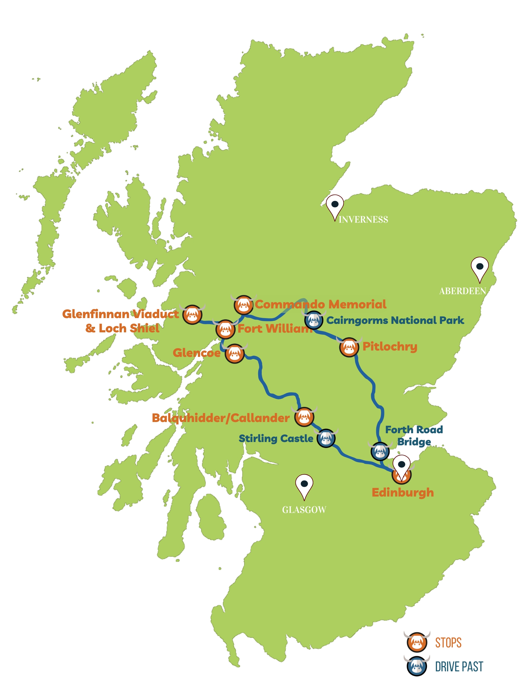 Tour itinerary map for 1 day Glenfinnan, Glencoe and Scottish Highlands tour with The Hairy Coo