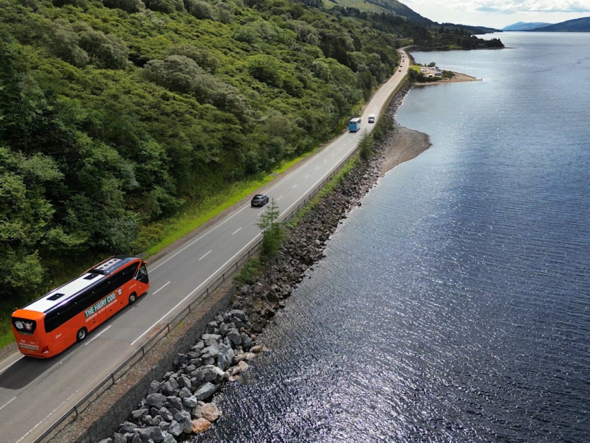 Aerial view of Hairy Coo coach by loch