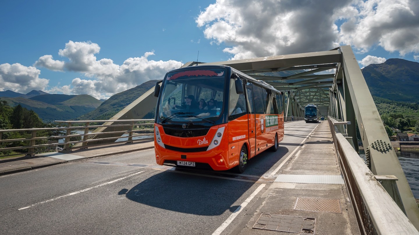 The Hairy Coo orange coach Bella - Ballachulish Bridge