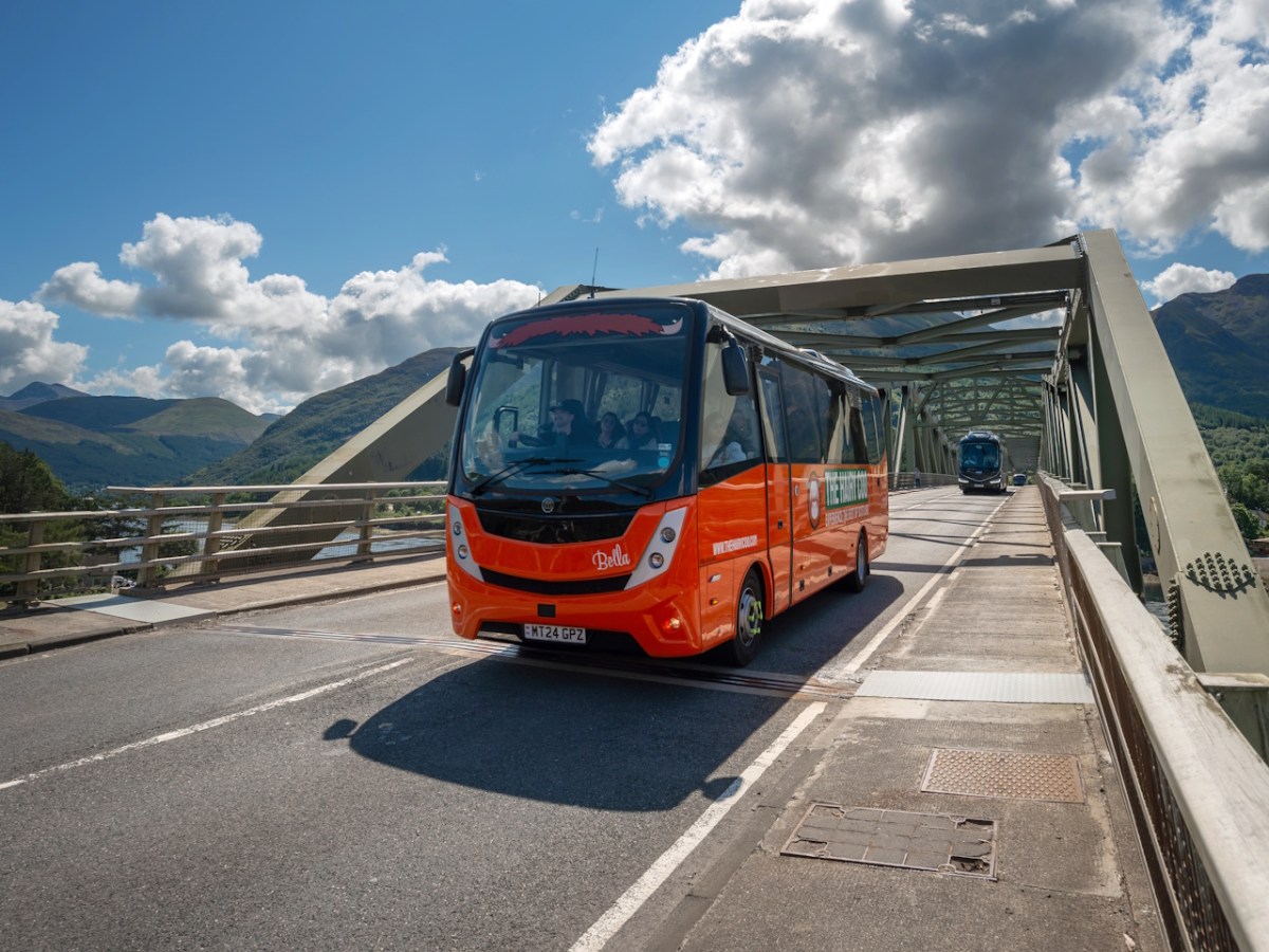 The Hairy Coo orange coach Bella - Ballachulish Bridge