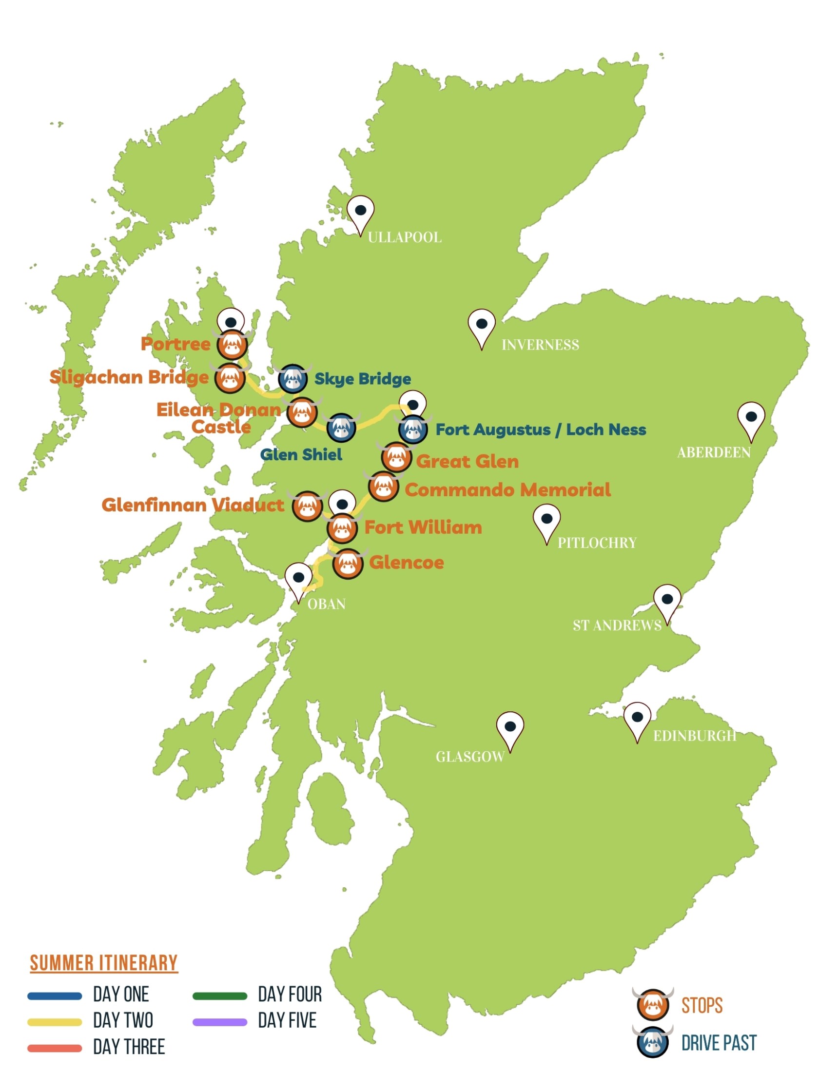 Tour itinerary map for day 2 of the 5 day tour of Scotland with The Hairy Coo