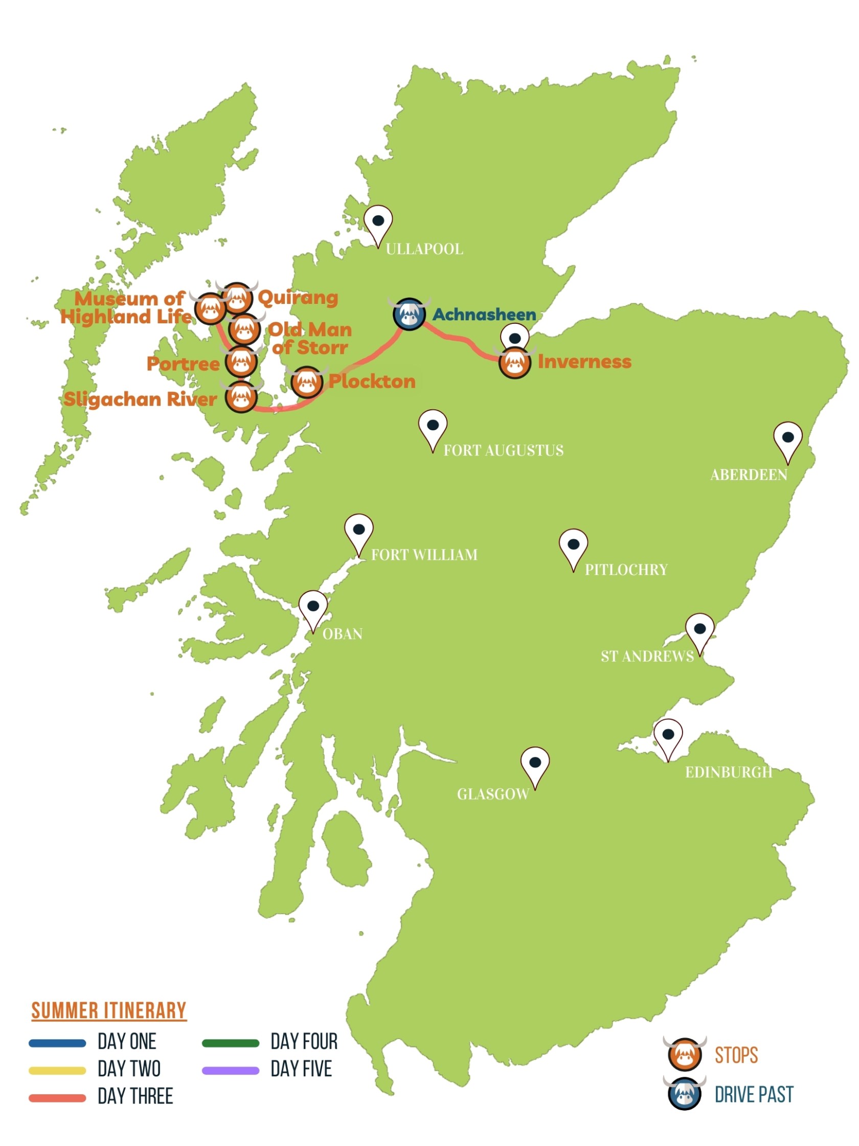 Tour itinerary map for day 3 of the 5 day tour of Scotland with The Hairy Coo
