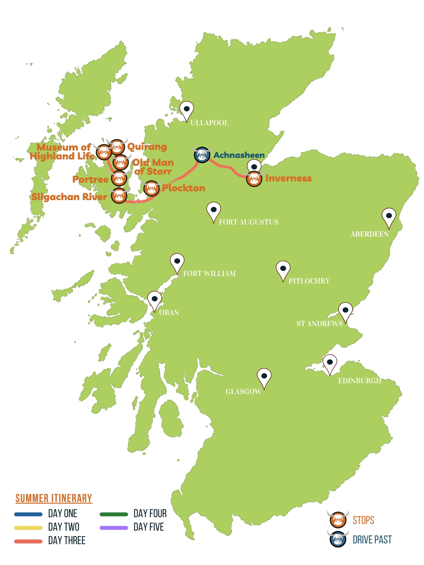 Tour itinerary map for day 3 of the 5 day tour of Scotland with The Hairy Coo