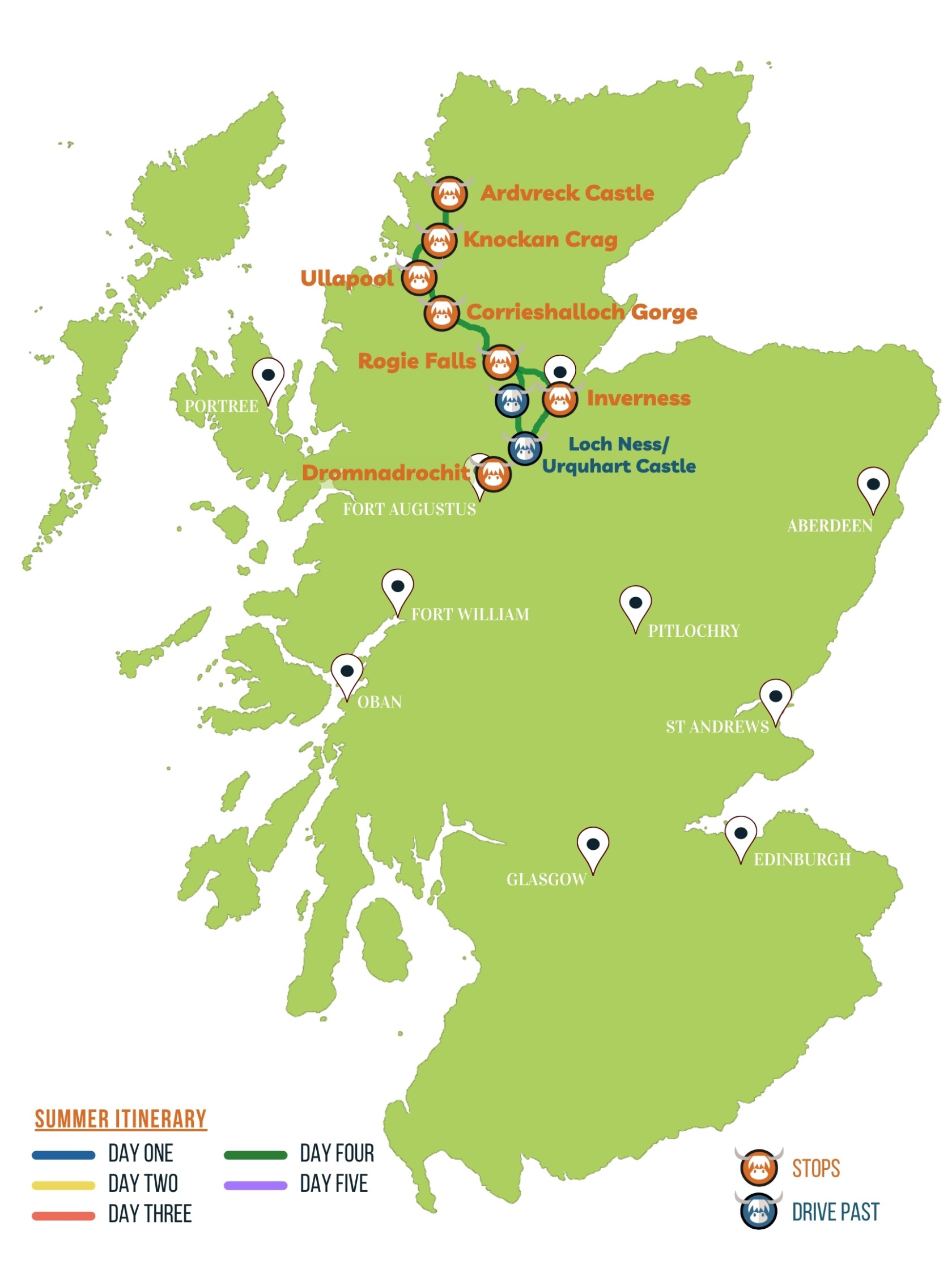 Tour itinerary map for day 4 of the 5 day tour of Scotland with The Hairy Coo