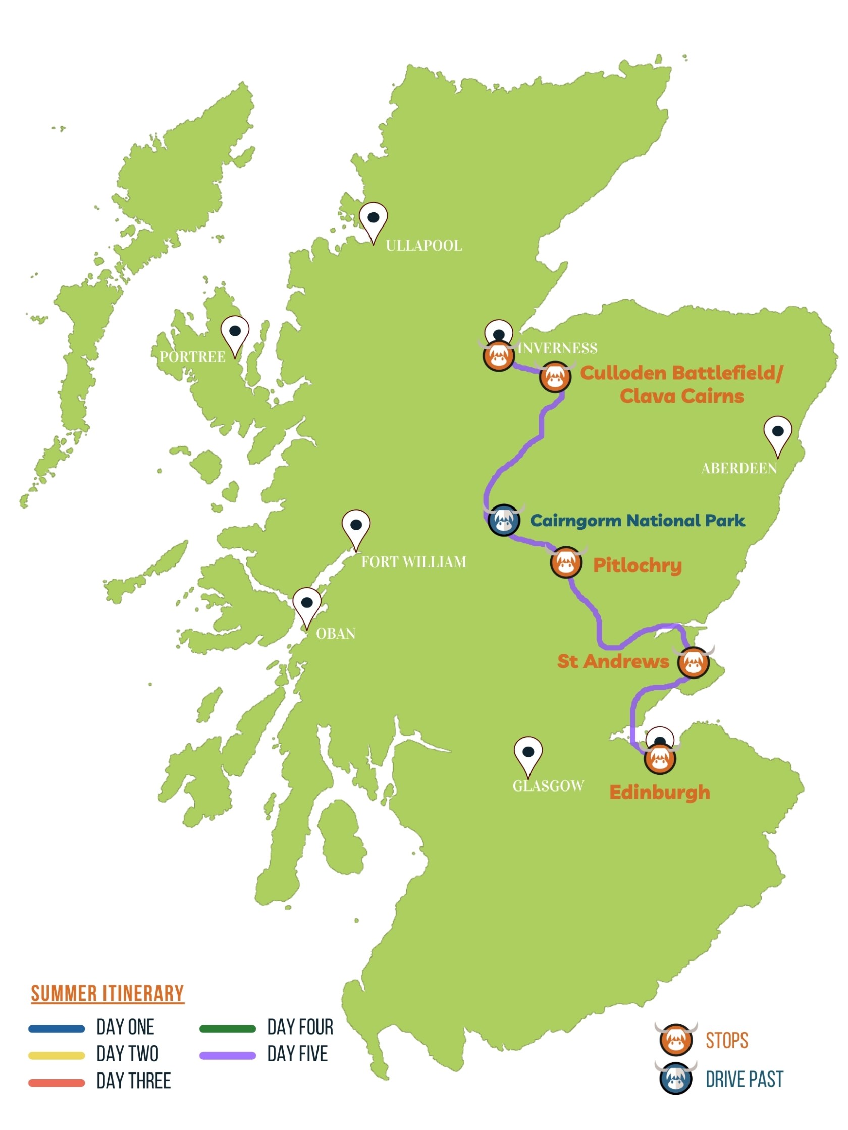 Tour itinerary map for day 5 of the 5 day tour of Scotland with The Hairy Coo