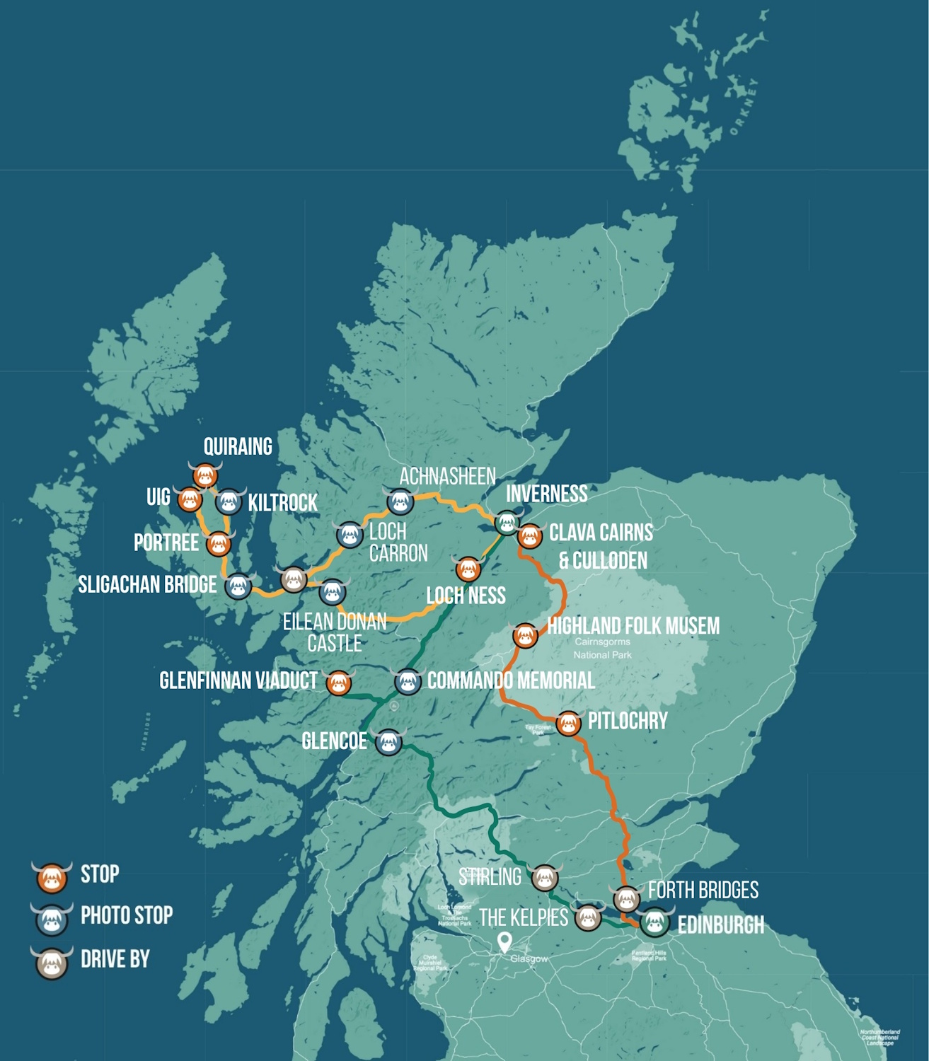The Hairy Coo's 3 day tour of Scotland itinerary on a map with stops and photo stops markded.