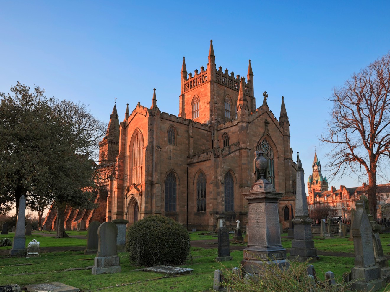 Dunfermline Abbey in Scotland. Parts of the Abbey remain from the original church, dating back to the 12th century and King Robert the Bruce is buried here.