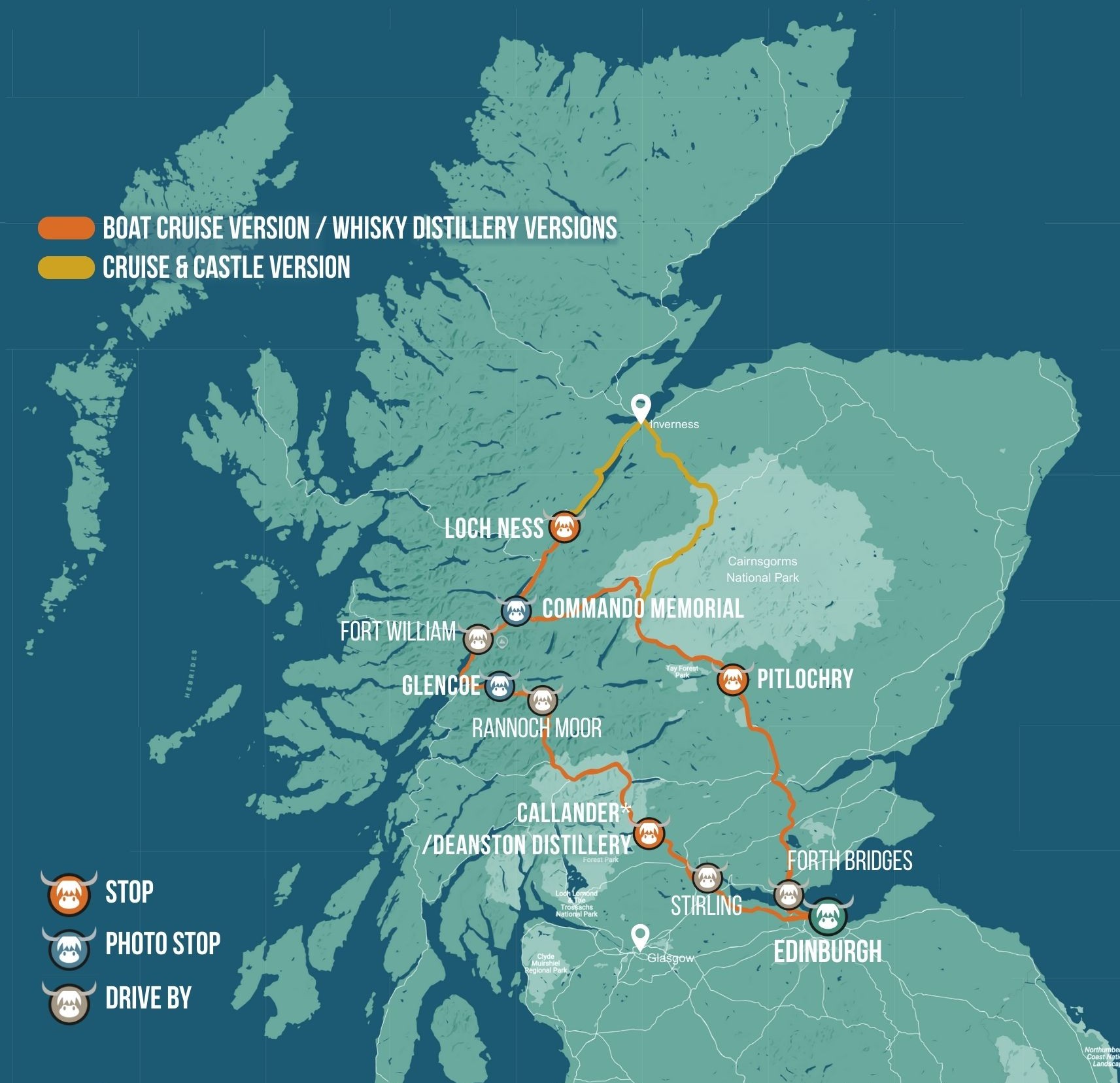 Map of Scotland showing travel routes for the 1-day Loch Ness, Glencoe & Scottish Highlands tour with the Hairy Coo, with stops and photo opportunities.
