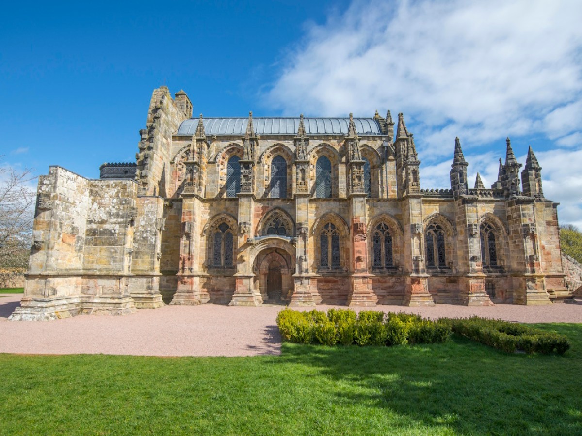 Rosslyn Chapel in Midlothian, Scotland. Visitors can visit it on a Hairy Coo tour.