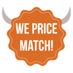 Orange badge with text 'We Price Match!' and bull horns.