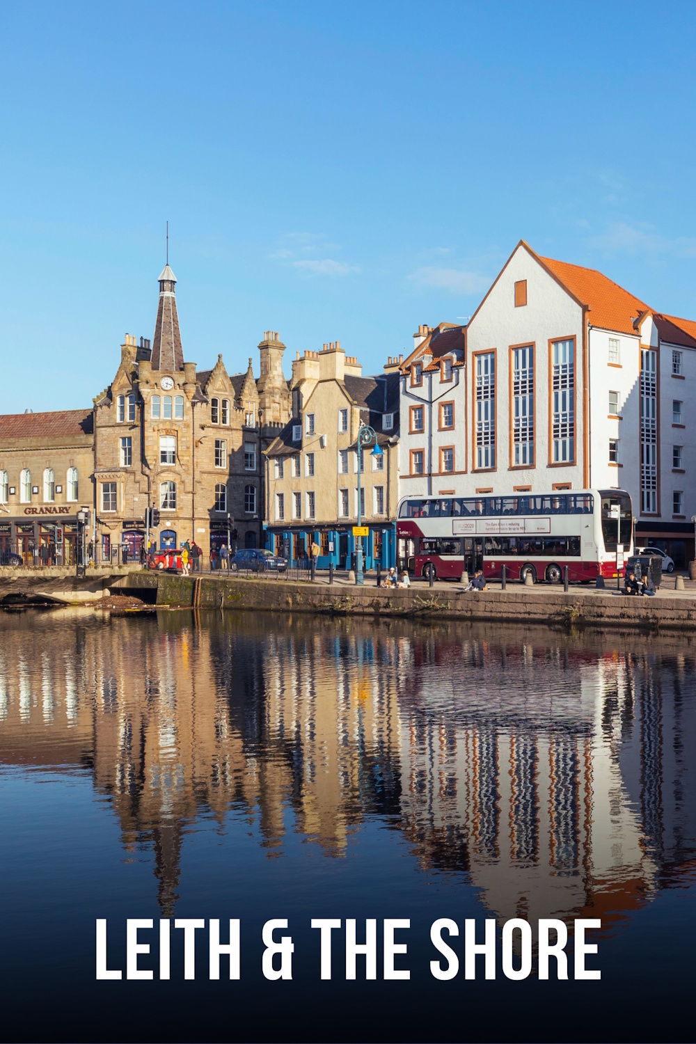 The Shore in Leith in a calm blue sky day. See on The Hairy Coo's Edinburgh City Day Tour.
