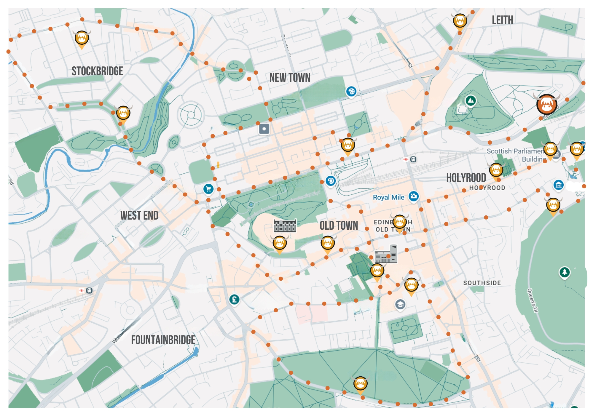 Illustrated map of Edinburgh highlighting various neighborhoods and points of interest.