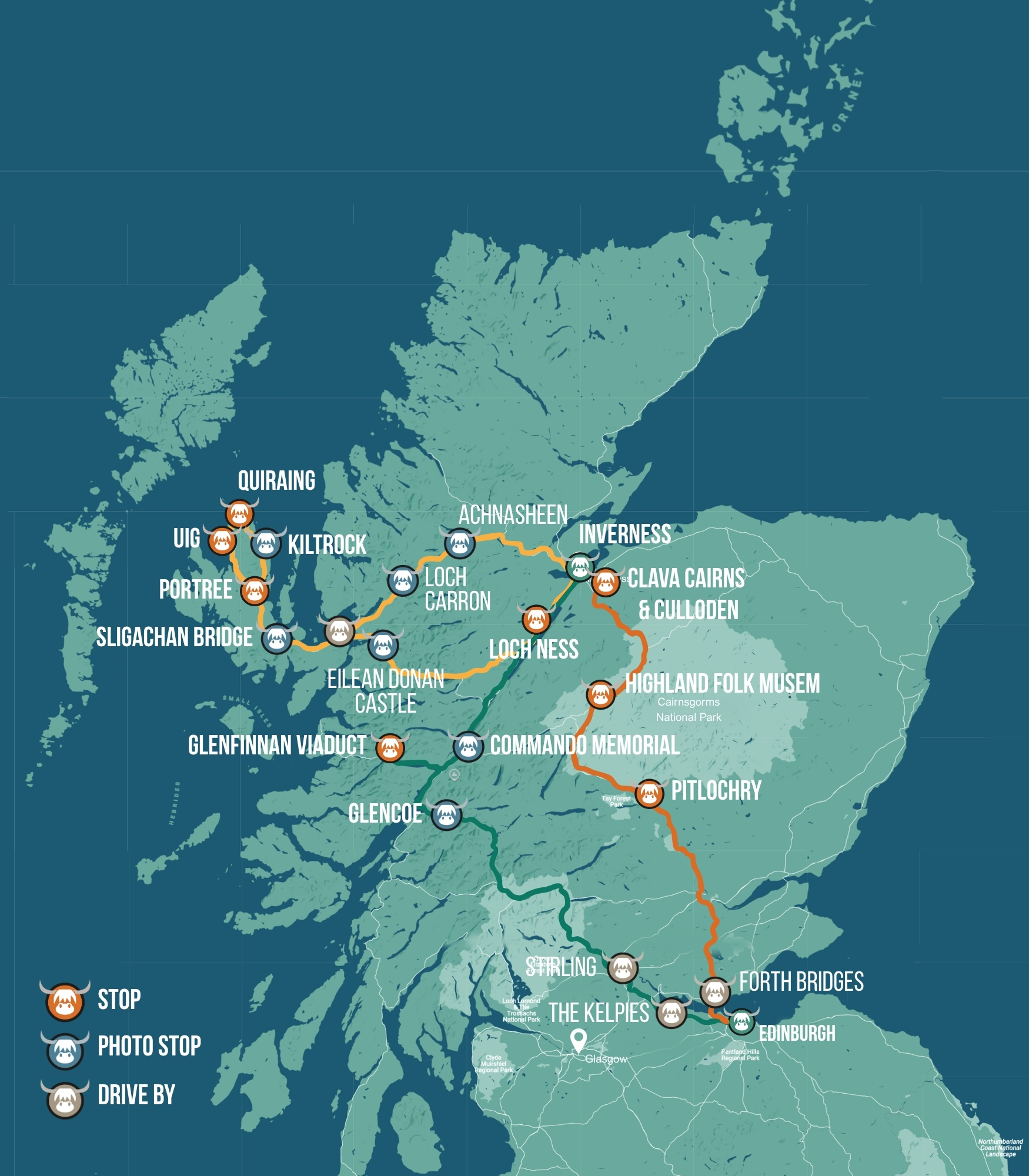 Map of Scottish highlands with driving route and stops marked.
